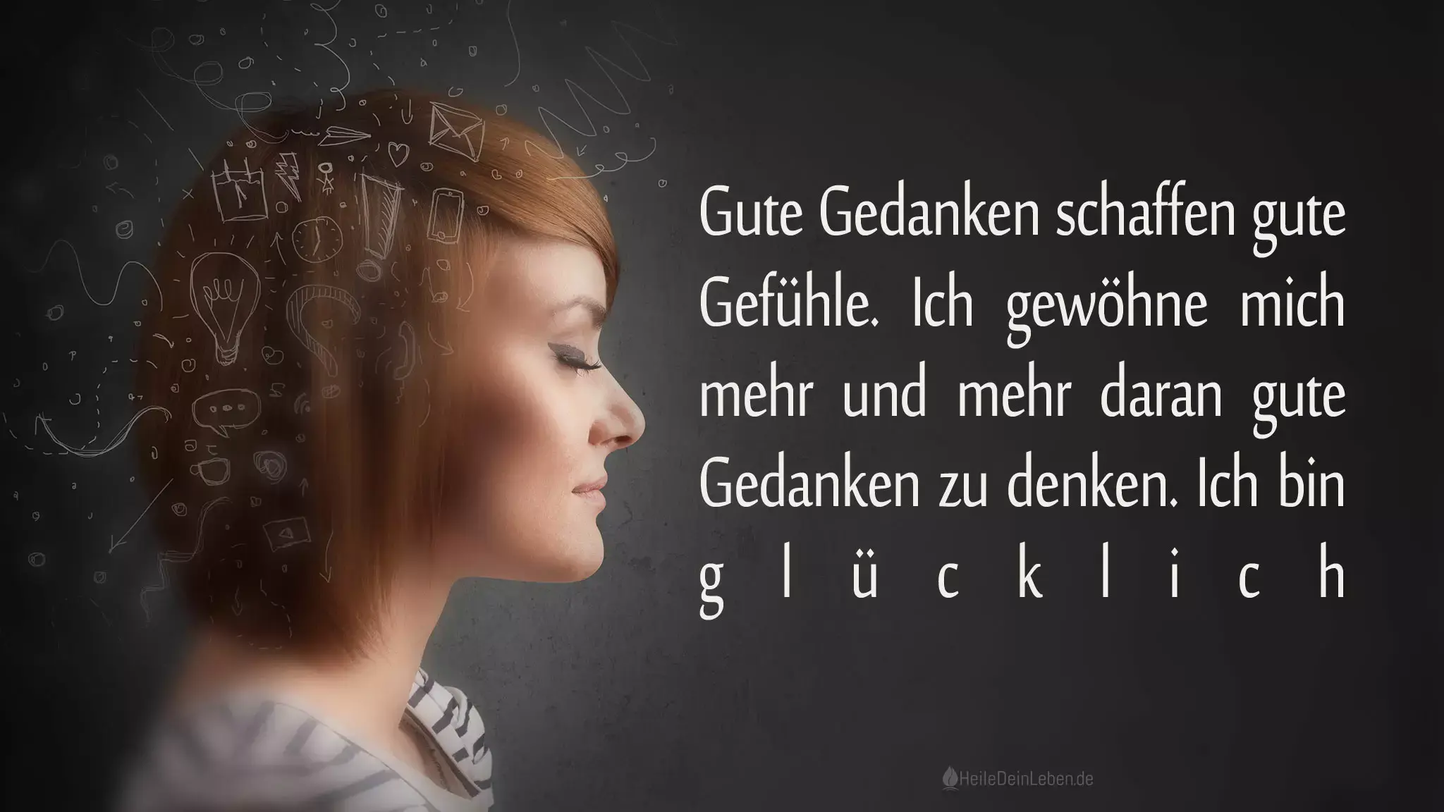 Frau mit entspanntem Gesicht und geschlossenen Augen und Affirmationstext.