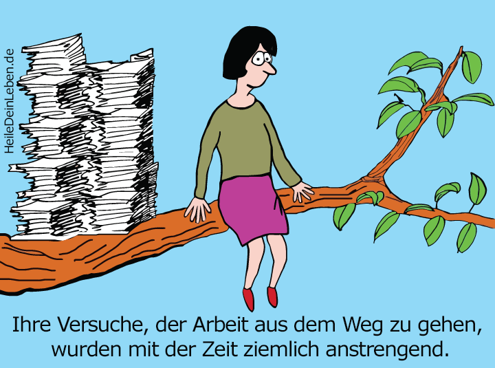 Cartoon: Frau auf Baum kriecht zum Ende eines Astes und wird von Papierstapeln verfolgt.